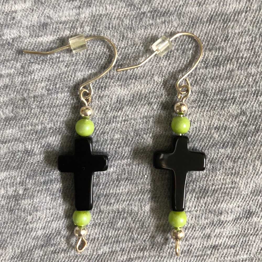 Handcrafted Black Onyx Cross Dangle Earrings